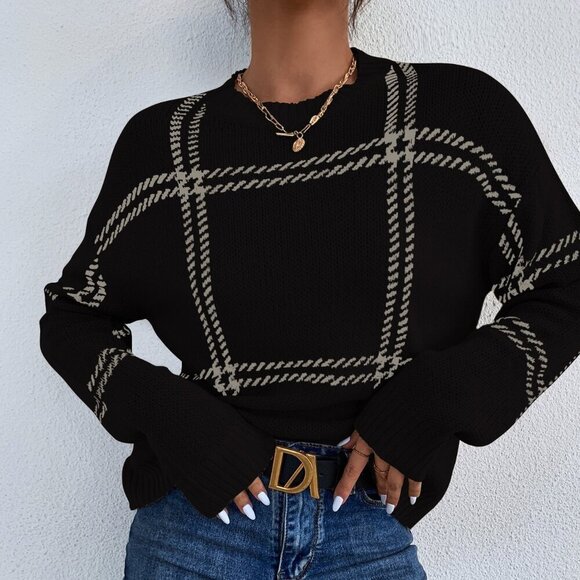 Sweaters - Black and White Casual Women's Plaid Drop Shoulder Long Sleeve Knit Sweater